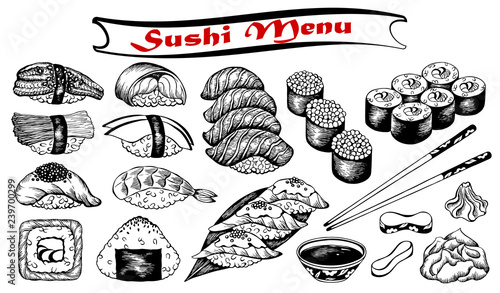 Vector illustration of sketch hand drawn set of sushi menu. Japanese, Chinese, Korean, asian food. Wasabi, ginger, soy sauce, onigiri, rice, fish, salmon, eel, avocado, caviar, roll, shrimp, sashimi.