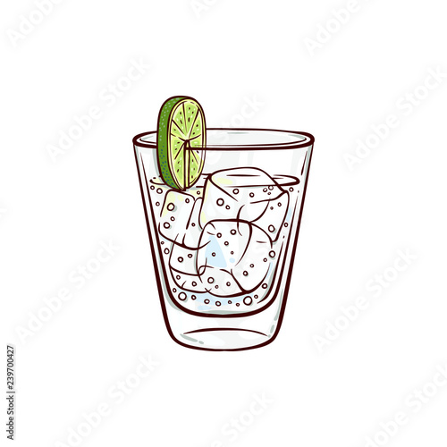 Vector sketch gin tonic glass with lime slice and ice cubes. Hand drawn alcohol drink, beverage cocktail for bar, pub restaurans or party design. Tequila or vodka shot icon