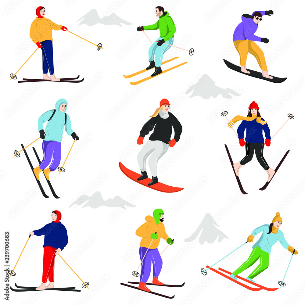 Set of adult people skiing and snowboarding in high mountains. Collection of men and women dressed in winter clothing. Winter outdoor activities. Group of male and female cartoon characters