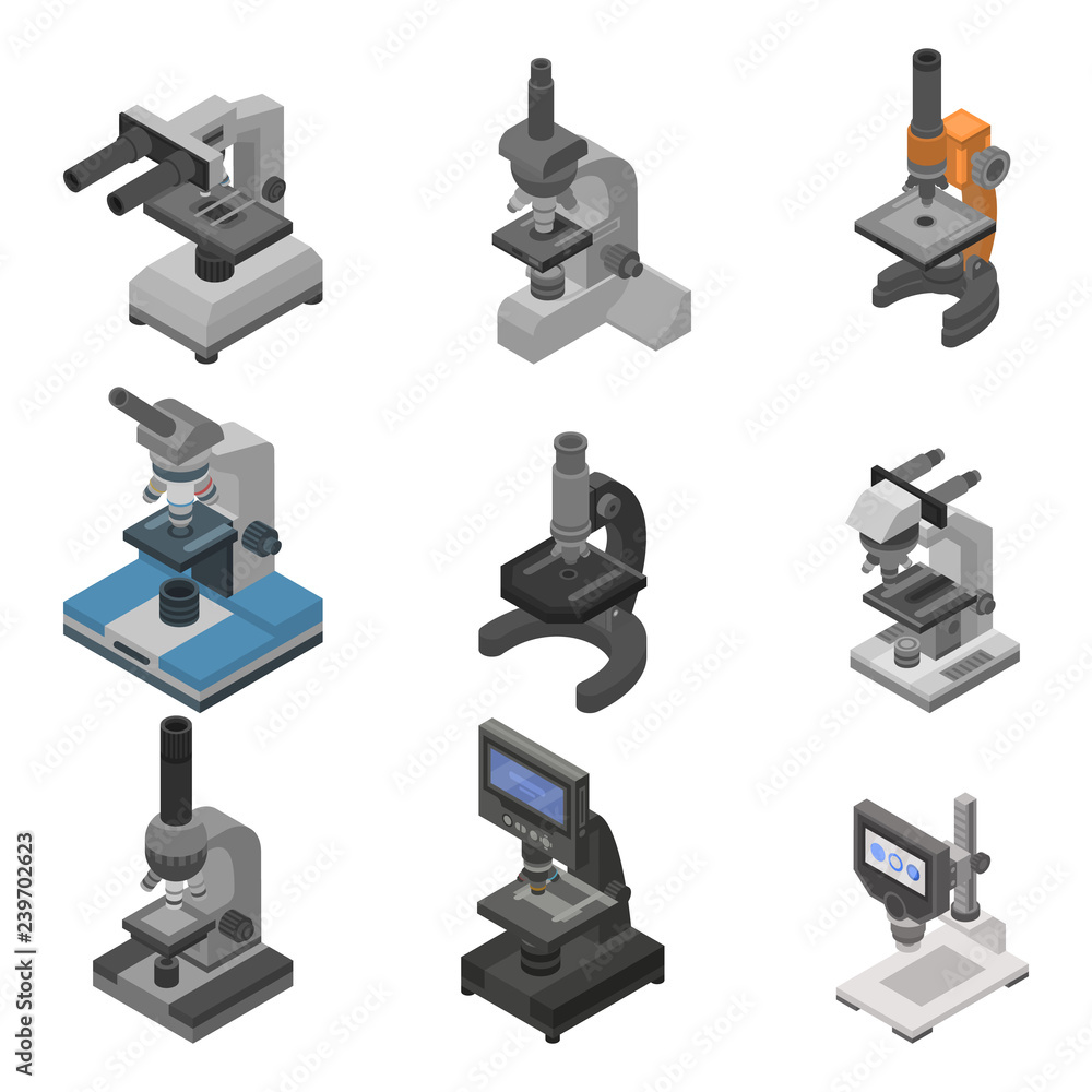 Microscope icon set. Isometric set of microscope vector icons for web ...