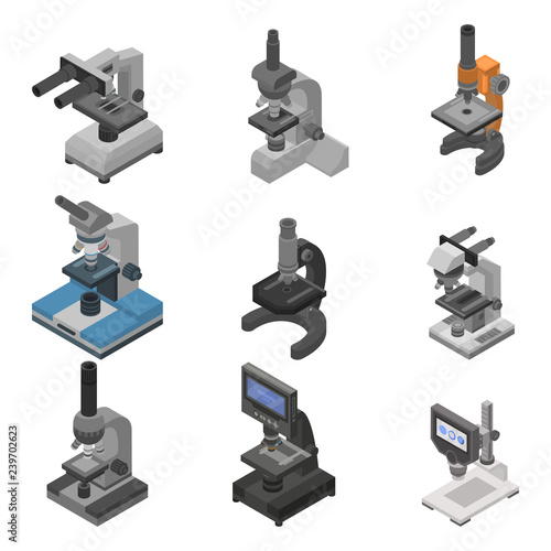 Microscope icon set. Isometric set of microscope vector icons for web design isolated on white background
