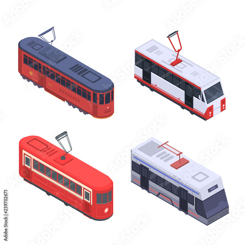 Tram car icon set. Isometric set of tram car vector icons for web design isolated on white background