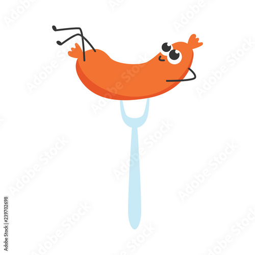 Vector illustration of sausage cartoon character resting and dreaming lying on fork - flat smiling emoticon of delicious meat food isolated on white background for healthy organic eating concept.