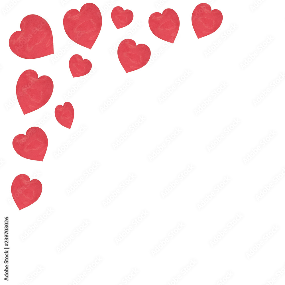  Valentine's background with hearts, white background and red wooden hearts