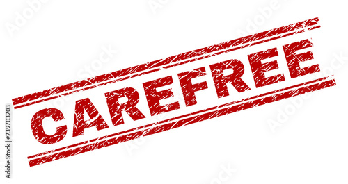 CAREFREE seal imprint with corroded texture. Red vector rubber print of CAREFREE caption with unclean texture. Text caption is placed between double parallel lines.