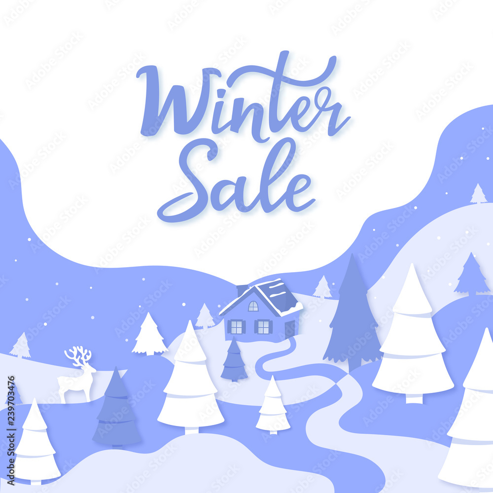 House in the forest among the mountains and firs. Winter landscape in paper cut style. Seasonal sale banner.