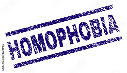 HOMOPHOBIA seal print with grunge style. Blue vector rubber print of HOMOPHOBIA text with unclean texture. Text caption is placed between parallel lines.