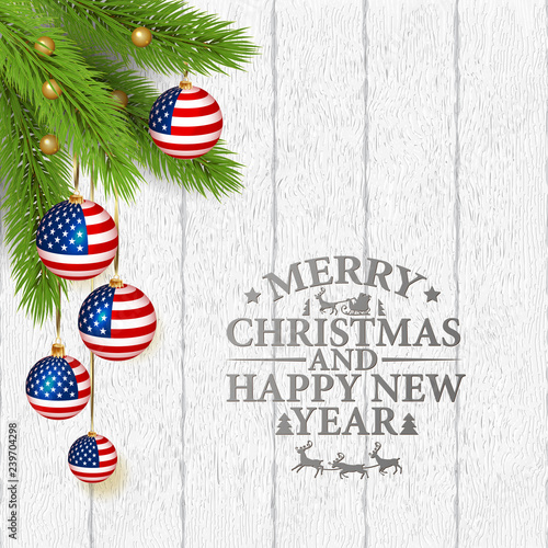 Vector abstract Christmas background with patriotic elements and lettering Merry Cristmas and Happy New Year