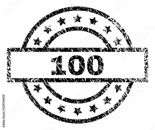 100 stamp seal watermark with distress style. Designed with rectangle, circles and stars. Black vector rubber print of 100 label with dust texture.