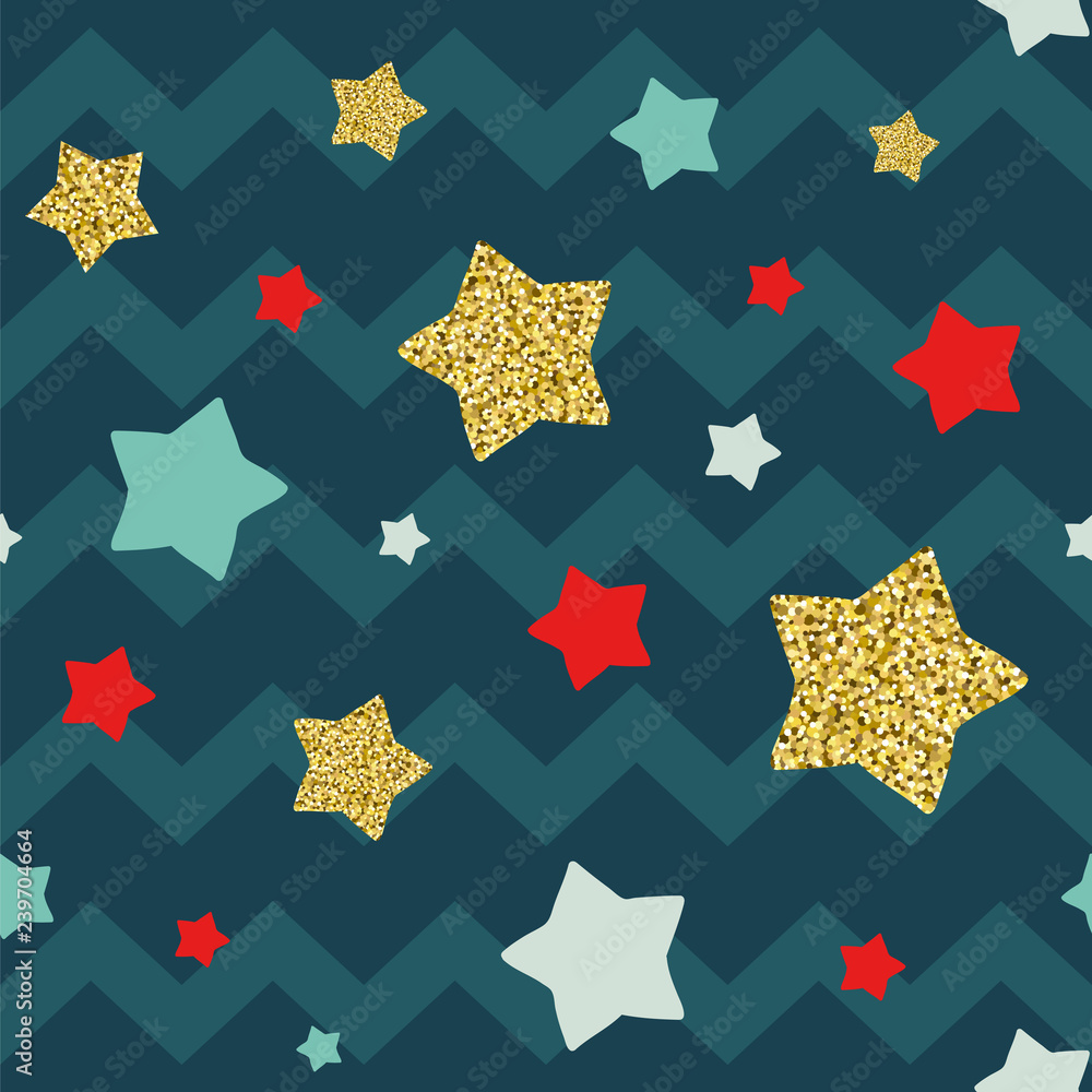 Stars and chevron background. Seamless vector pattern with golden stars.