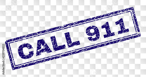 CALL 911 stamp seal print with corroded style and double framed rectangle shape. Stamp is placed on a transparent background. Blue vector rubber print of CALL 911 caption with dust texture.