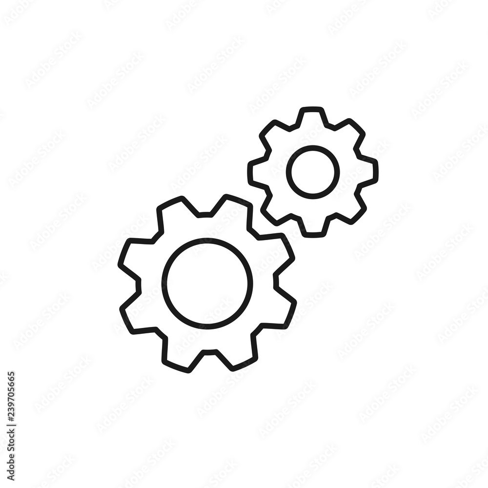 Black isolated outline icon of two cogwheels on white background. Line icon of gear wheel. Settings.