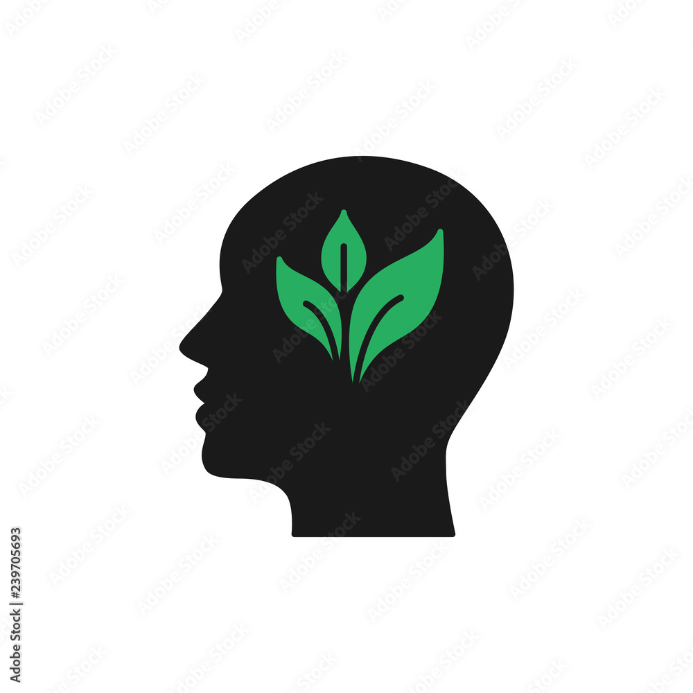 Black isolated icon of head of man and green leaf on white background. Silhouette of head of man. Eco think. Thunk green. Flat design. Black isolated icon of head of man and green leaf on white background. Silhouette of head of man. Eco think. Thunk green. Flat design.