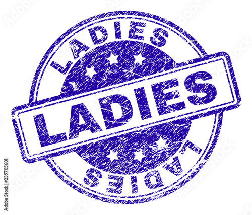 LADIES stamp seal watermark with distress texture. Designed with rounded rectangles and circles. Blue vector rubber print of LADIES title with unclean texture.