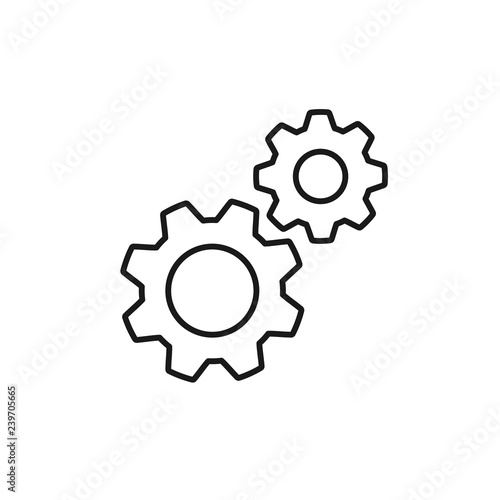 Black isolated outline icon of two cogwheels on white background. Line icon of gear wheel. Settings.