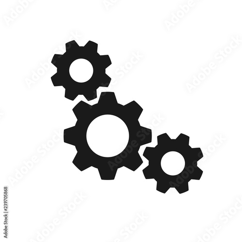 Black isolated icon of three cogwheels on white background. Silhouette of gear wheel. Flat design. Settings.