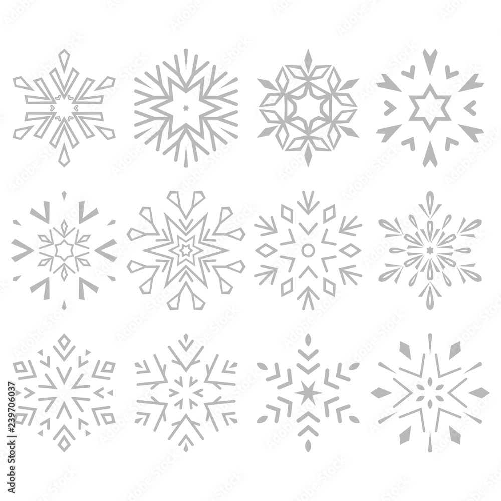 Snowflakes icon collection. Graphic modern grey ornament Snowflakes icon collection. Graphic modern grey ornament