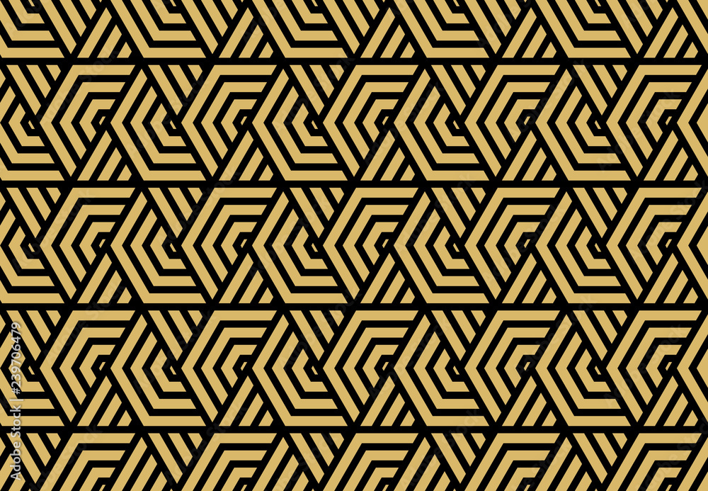 Abstract geometric pattern with stripes, lines. Seamless vector background. Gold and black ornament. Simple lattice graphic design