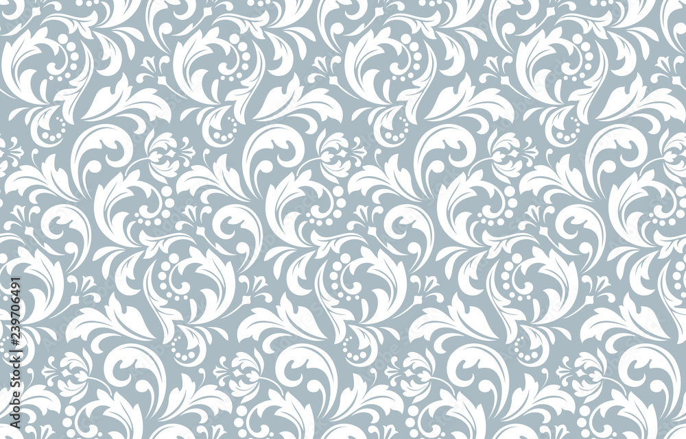 Flower pattern. Seamless white and blue ornament. Graphic vector background. Ornament for fabric, wallpaper, packaging