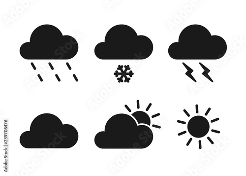 Set of black isolated icons of weather on white background. Silhouette of meteorological symbols . Flat design. Sun, snow, rain, thunderstorm, cloud.