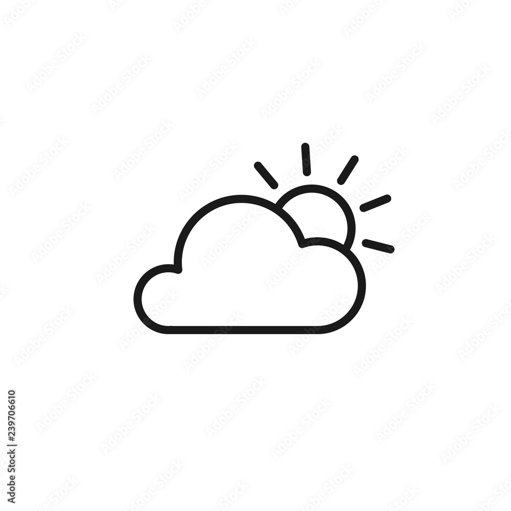 Black isolated outline icon of cloud and sun on white background. Line Icon of partially cloudy. Black isolated outline icon of cloud and sun on white background. Line Icon of partially cloudy.