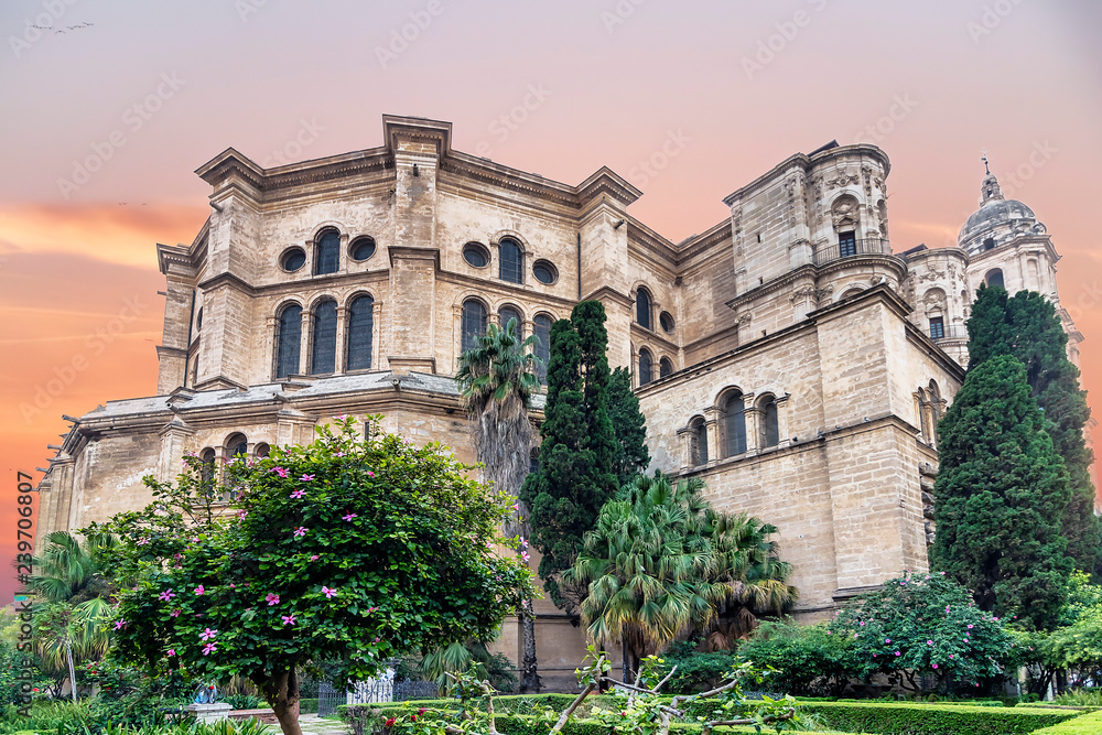 The Cathedral of Malaga at sunset, Spain, was finished in 1782. It is one of the biggest cathedrals in the country and is located at the core of the city