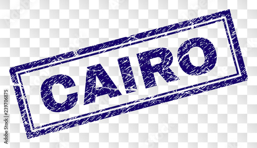 CAIRO stamp seal watermark with rubber print style and double framed rectangle shape. Stamp is placed on a transparent background. Blue vector rubber print of CAIRO tag with unclean texture.