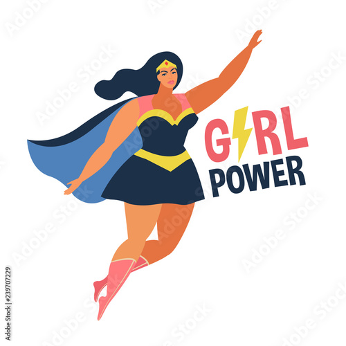 Vector illustrations in flat design of female superheroe in funny comics costume. Girl power concept.