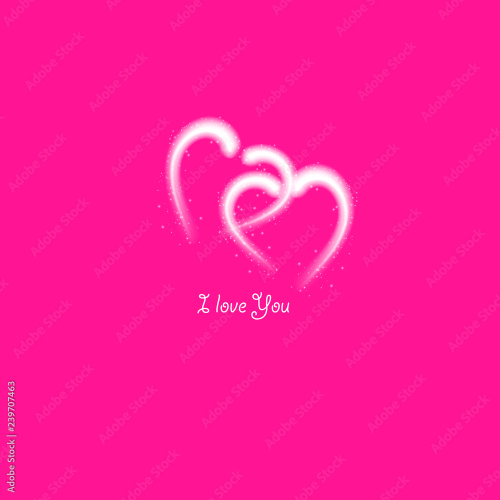 Happy Valentines Day greeting card. I Love You. 14 February. Holiday background with two hearts, light, stars on transparent background. Vector Illustration