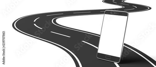 Blank screen smartphone on winding asphalt road, white background, isolated, cutout, space for text. 3d illustration photo