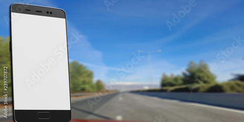 Blank screen smartphone, billboard, on blur asphalt road background, space for text. 3d illustration photo