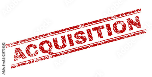 ACQUISITION seal imprint with corroded style. Red vector rubber print of ACQUISITION label with corroded texture. Text label is placed between double parallel lines.