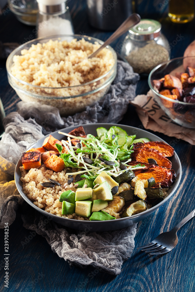 Colorful buddha bowl with quinoa and roasted and fresh vegetables Colorful buddha bowl with quinoa and roasted and fresh vegetables