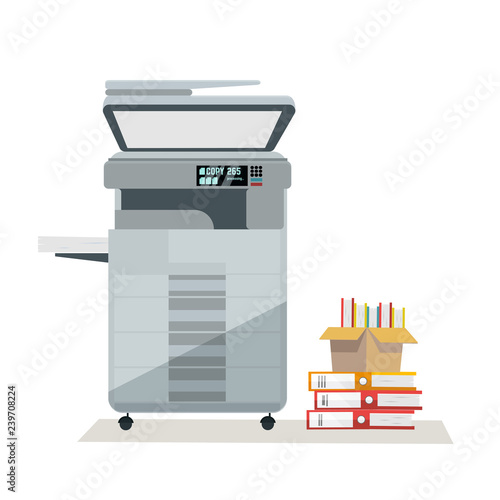 Large grey office floor multifunction printer scanner copier with pile of documents in cardboard boxes. on white background. Flat cartoon vector illustration.