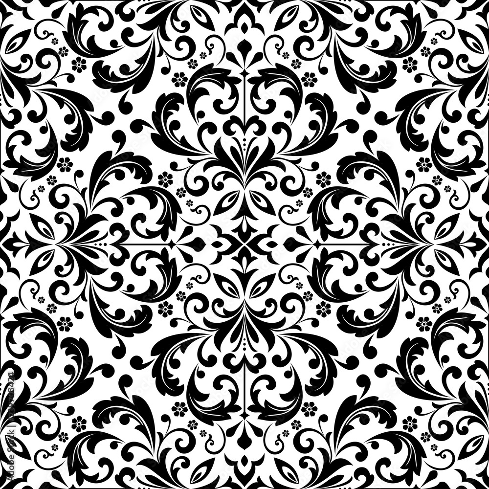 Wallpaper in the style of Baroque. Seamless vector background. White and black floral ornament. Graphic pattern for fabric, wallpaper, packaging. Ornate Damask flower ornament Wallpaper in the style of Baroque. Seamless vector background. White and black floral ornament. Graphic pattern for fabric, wallpaper, packaging. Ornate Damask flower ornament