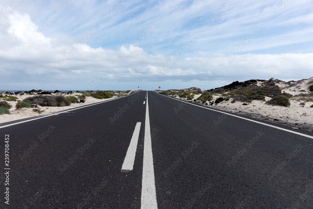 Naklejka premium Road through the middle of Desert. Lanzarote. Canary Islands. Spain