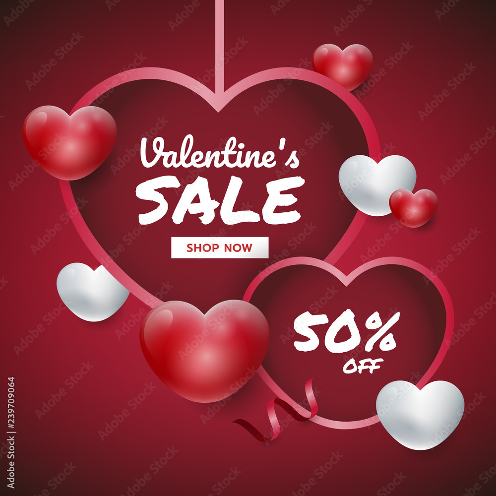 Valentine’s day background hanging hearts with text. red and white 3d hearts. Promotion banner. Vector design template for website, greeting card, love party