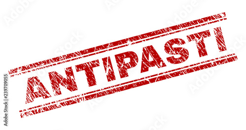 ANTIPASTI seal print with corroded texture. Red vector rubber print of ANTIPASTI title with scratched texture. Text title is placed between double parallel lines.
