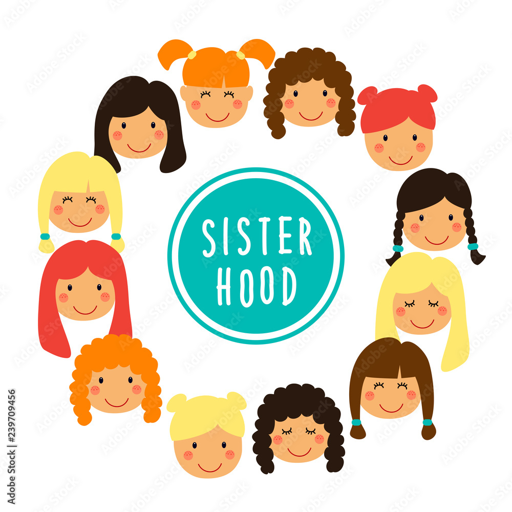 Happy women or girls faces as union of feminists, sisterhood as flat cartoon characters isolated on white background Happy women or girls faces as union of feminists, sisterhood as flat cartoon characters isolated on white background