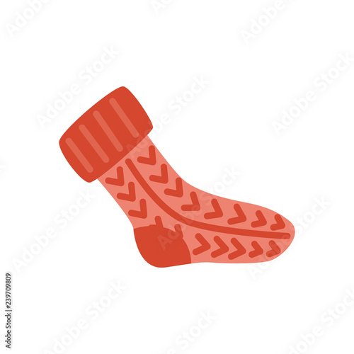 Cute red knitted wool sock with abstract pattern icon. Cold weather, winter outdoor leisure activity cloth with traditional ornament. Vector isolated illustration.