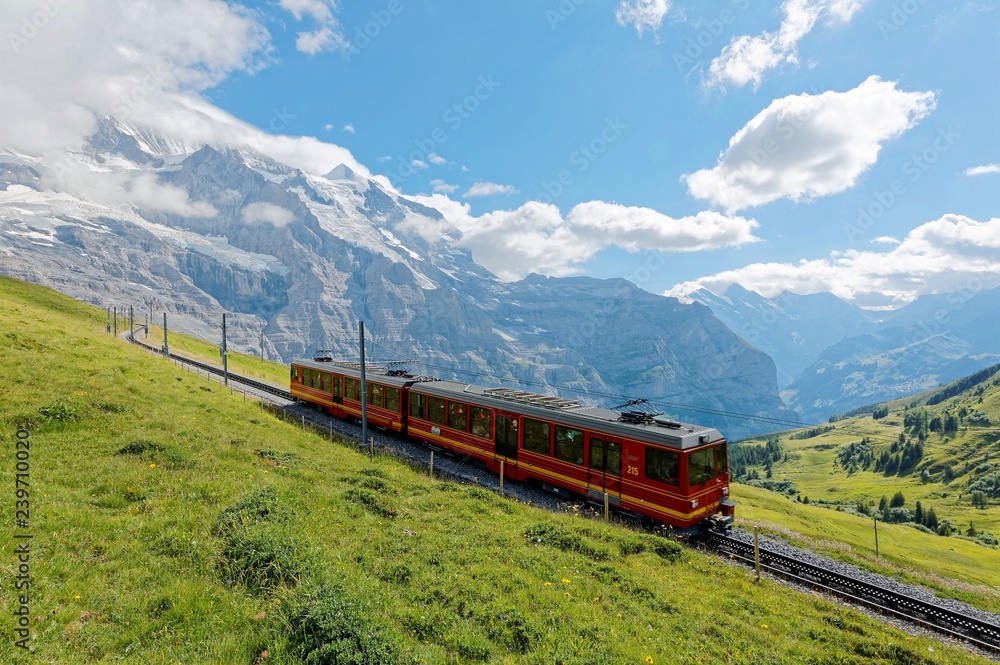 July, 6, 2018, A cog wheel train travels on famous Jungfrau Railway from Kleine Scheidegg to Jungfraujoch station ( top of Europe ) on a green grassy hillside, in Berner Oberland, Switzerland	