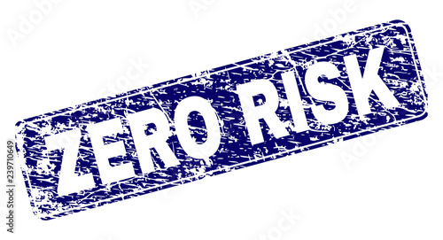 ZERO RISK stamp seal print with distress style. Seal shape is a rounded rectangle with frame. Blue vector rubber print of ZERO RISK title with dust texture.