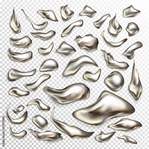 Molted precious metal drops, liquid silver blots, mercury swirls 3d realistic vector set isolated on transparent background. Metallic fluid splatters, abstract form drips design elements collection photo