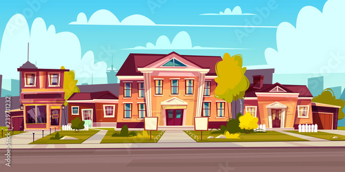 Vector rental of a house, estate. Cartoon illustration of cottage rent, sell. Facade of a private building with an empty plate. Exterior with urban construction, sidewalk and asphalt road.