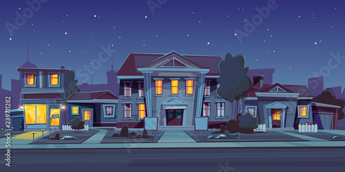 Vector night background with rental of house, estate. Cartoon illustration of cottage rent, sell. Facade of a private building with an empty plate. Exterior with urban construction, sidewalk and road