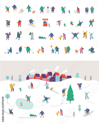 Winter outdoor activities vector set. Winter season background people characters. People have fun. Flat vector illustration.