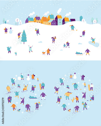 Winter outdoor activities vector set. Winter season background people characters. People have fun. Flat vector illustration.