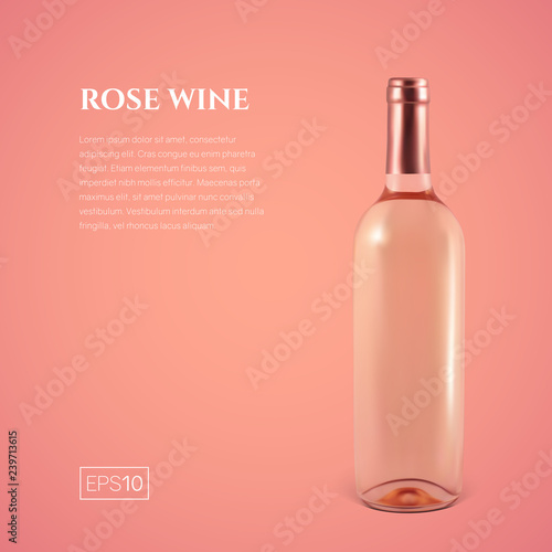 Photorealistic bottle of rose wine on a pink background. Mock up transparent bottle of wine. Template for product presentation or advertising in a minimalistic style.