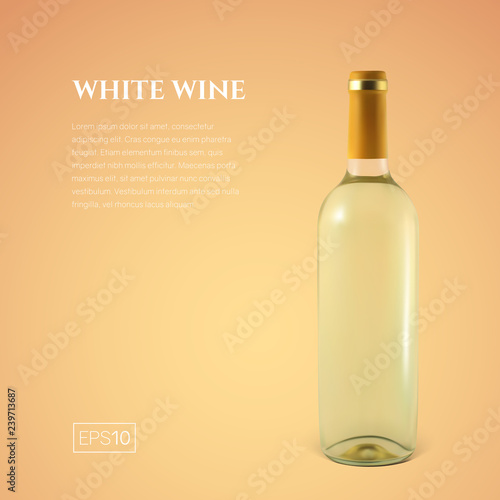 Photorealistic bottle of white wine on a yellow background. Mock up transparent bottle of wine. Template for product presentation or advertising in a minimalistic style.