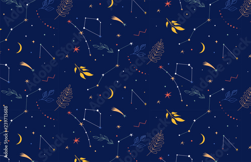 Constellations seamless pattern. Night background with stars, planents and leaves